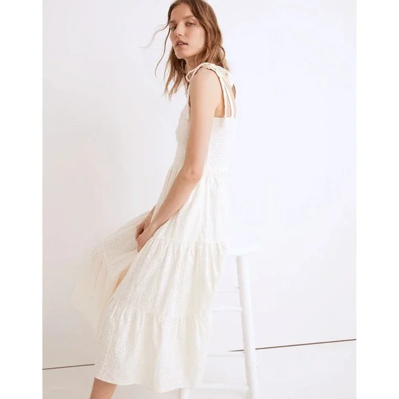 MADEWELL Eyelet Lucie Tie-Strap Tiered Midi Dress White Sz S - Picture 2 of 13